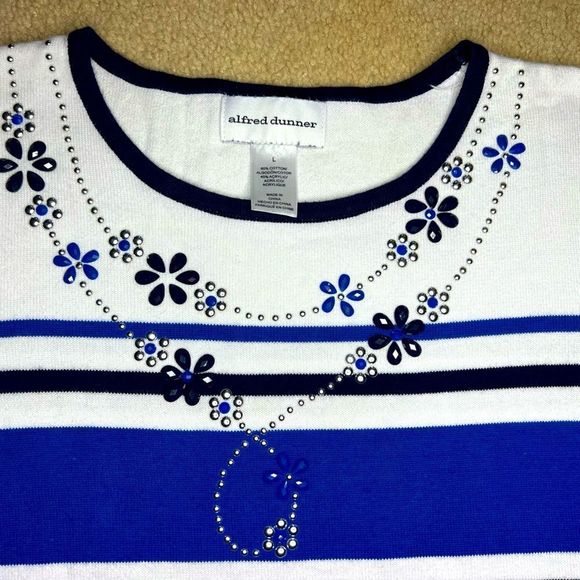 Alfred Dunner Embellished Neckline Top- Royal, Navy, and White- Size Large - Picture 3 of 7